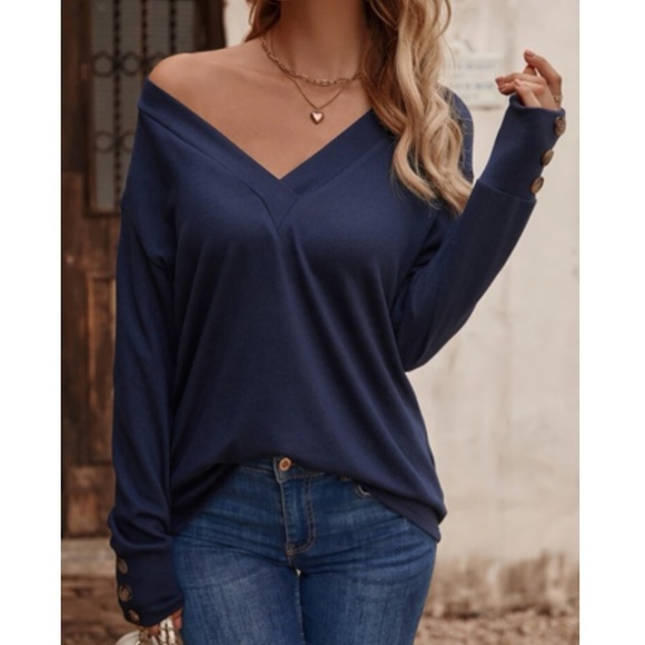 Navy blue button cuff V neck top - Picture 2 of 6
